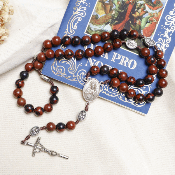Różaniec z obsydianu brązowego – Serce Jezusa i Serce Maryi
